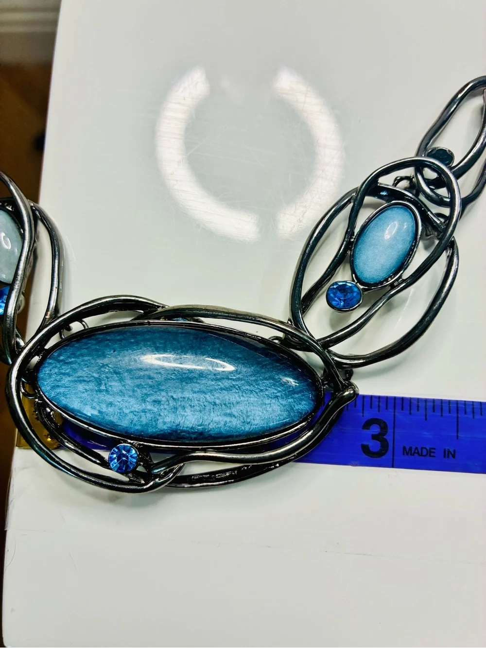 Statement Blue Stone Gunmetal Necklace - Women Jewelry Pre Loved - READ